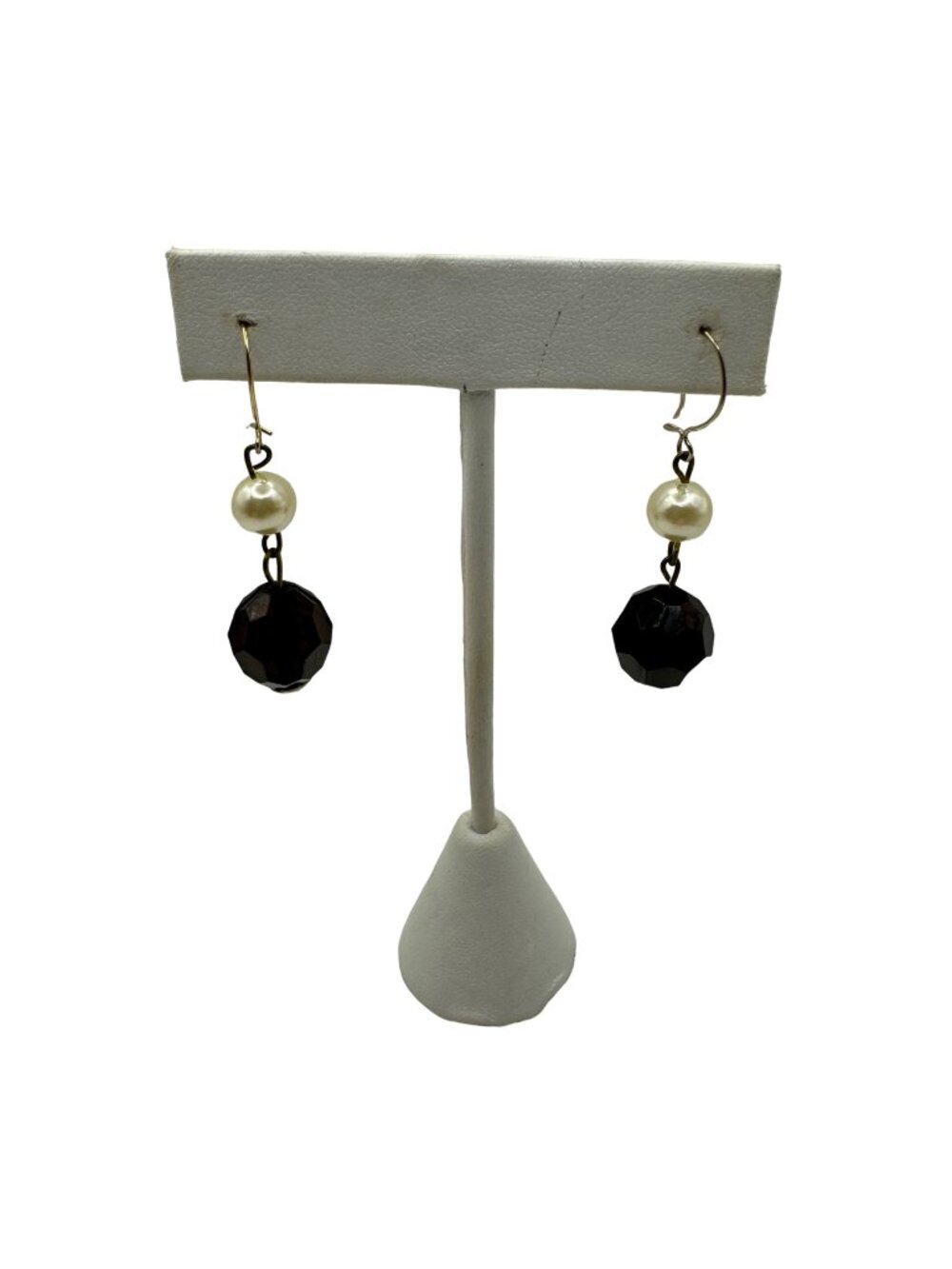Vintage Pearl & Black Faceted Bead Dangle Earrings